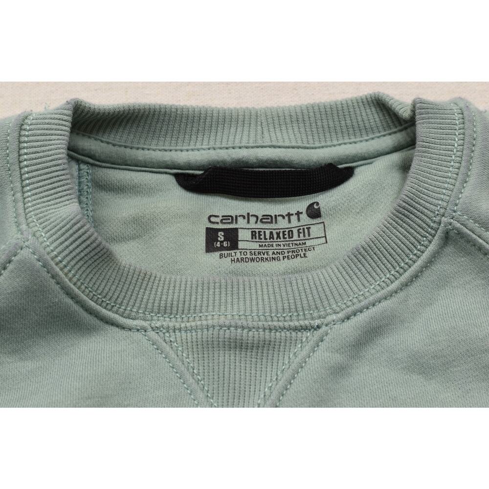 Carhartt Women's Relaxed Fit Sweatshirt Size S Green Crewneck Logo Sleeve Cotton - Picture 6 of 8